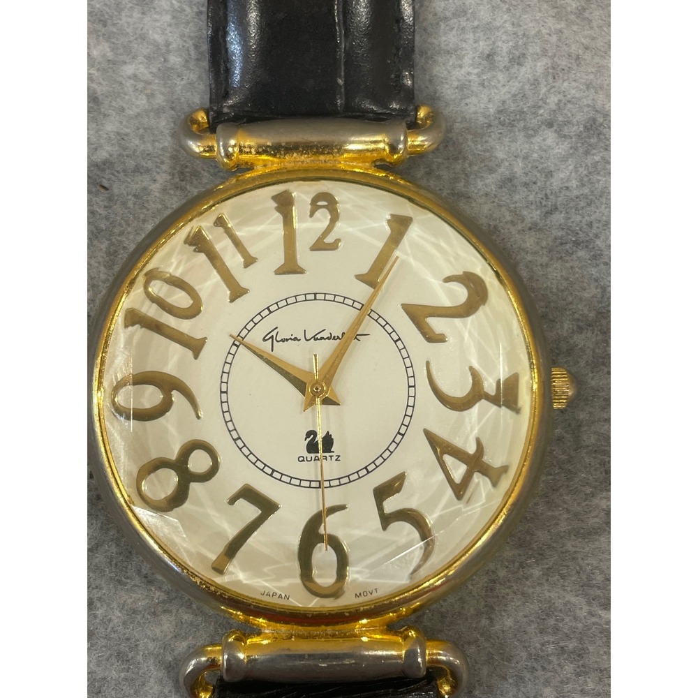 Gloria Vanderbilt Quartz Watch Women's Gold Tone Black Faux Leather Band New Bt - Picture 1 of 5
